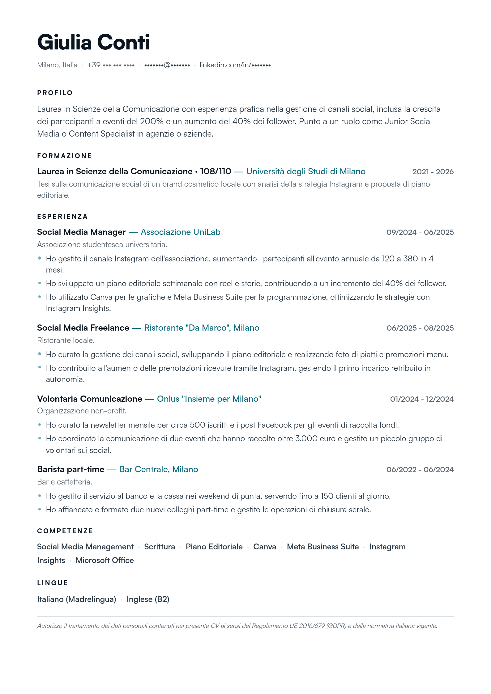 Esempio di CV generato da Bravo CV: Giulia Conti, Junior Social Media e Content, layout a colonna singola ATS-safe